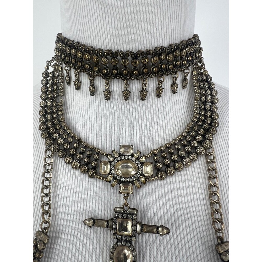 Free People Multilayered Antiqued Silver & Rhinestone Necklace - Picture 8 of 16